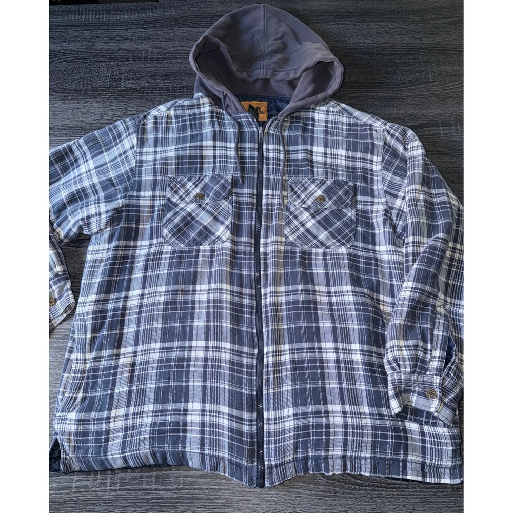 Outback Rider Mens Large Quilted Hooded Flannel Jacket Plaid Full‎ Zip Blue Gray